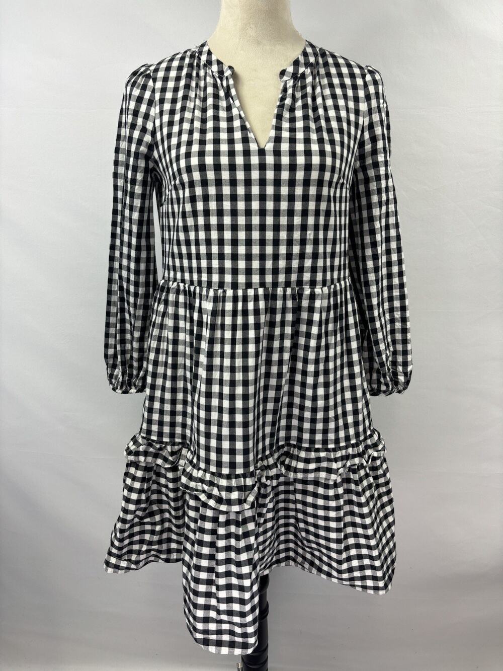 Re-imagined J Crew Tiered Dress Black White Gingham XXS Poplin Pockets Lined